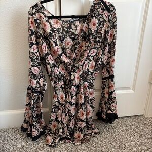 Black and Pink Floral Romper Bell sleeve